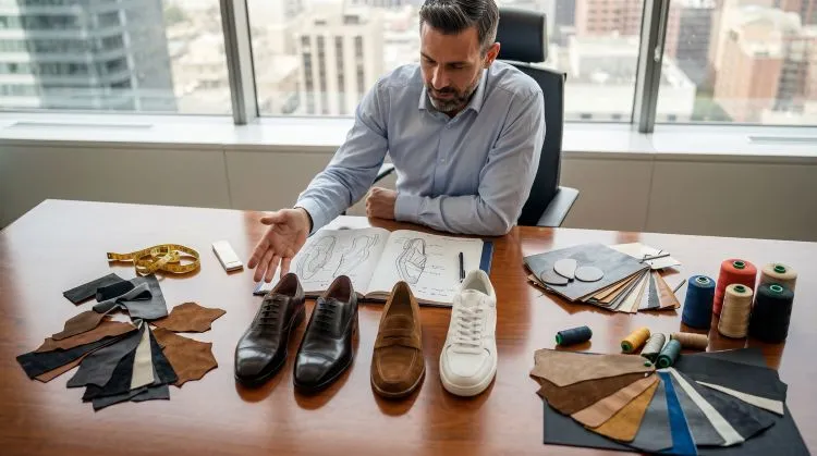 Footwear wholesale warehouse inventory management and supply chain optimization illustration for shoe retailers and distributors